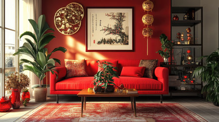 A feng shui-inspired Chinese New Year living space with a harmonious balance of red and gold colors, plants, and lucky symbols to create a vibrant and peaceful home.の素材