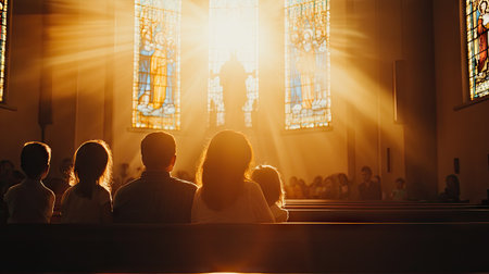 A family attending Easter Sunday service in church, with soft sunlight streaming through the stained glass windows, creating a serene atmosphere.の素材