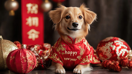 A dog dressed in a red Chinese New Year costume with golden embroidery, posing with a family's festive decorations and a happy new year banner.の素材