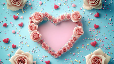 A digital illustration of a heart-shaped frame with a cute message of love, surrounded by roses, candy hearts, and glitter.の素材
