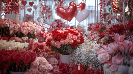 A flower shop display filled with Valentine's Day bouquets, featuring roses, lilies, and baby's breath, surrounded by festive decor.の素材