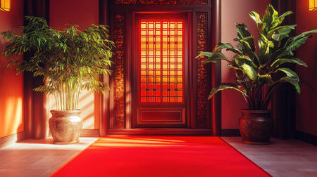 A feng shui-inspired Chinese New Year home entrance with symmetrical decorations, a red carpet, and a potted plant, creating harmony and positive energy.の素材