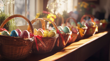 A group of Easter baskets lined up on a table, each filled with colorful eggs and ribbon, with sunlight streaming through a nearby window.の素材