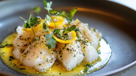 A fusion dish combining classic Chinese New Year steamed fish with a tangy lemon-caper butter sauce, garnished with fresh herbs.の素材