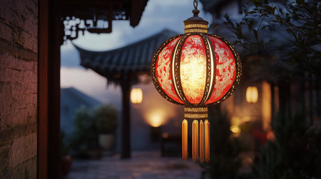 A glowing red and gold artisanal lantern with hand-stitched tassels, hanging elegantly in a traditional Chinese courtyard.の素材
