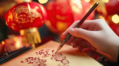 A hand carefully writing a Chinese New Year greeting in cursive calligraphy on rice paper, with red and gold ink and lanterns in the background.の素材
