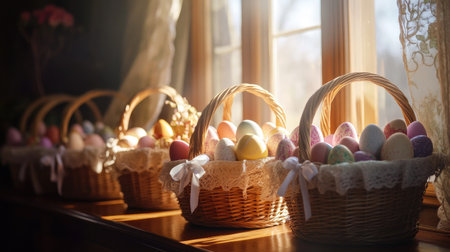 A group of Easter baskets lined up on a table, each filled with colorful eggs and ribbon, with sunlight streaming through a nearby window.の素材