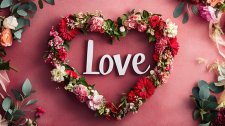 A heart-shaped wreath made of flowers, leaves, and ribbons, with hand-lettered Love in the center, perfect for Valentine's Day dcor.の素材