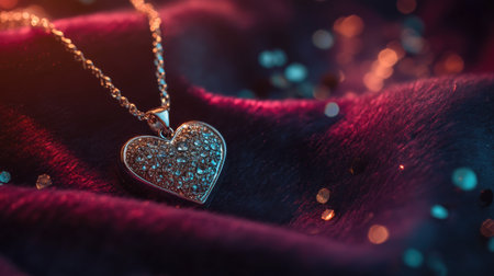 A heart-shaped pendant necklace placed on a velvet surface, with soft lighting to highlight the sparkling details.の素材