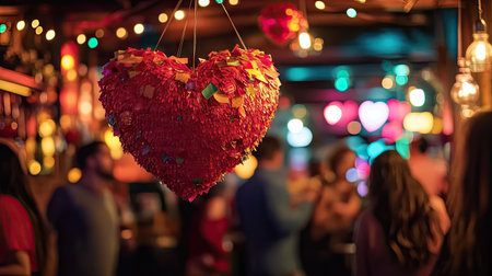 A heart-shaped piata hanging at a Valentine's Day party, with guests getting ready to break it open in a fun, festive atmosphere.の素材