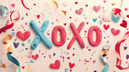 A large, hand-lettered Valentine's Day banner with XOXO written across, surrounded by confetti, ribbons, and heart-shaped designs.の素材