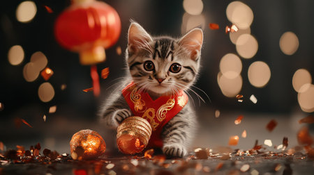 A kitten wearing a red Chinese New Year collar with gold accents, playing with a mini lantern and festive confetti.の素材