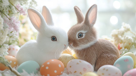 A pair of adorable Easter bunnies, one white and one brown, surrounded by colorful Easter eggs and soft pastel spring decor.の素材