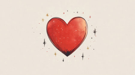 A minimalist Valentine's Day illustration featuring a simple red heart with small doodled stars and sparkles around it.の素材