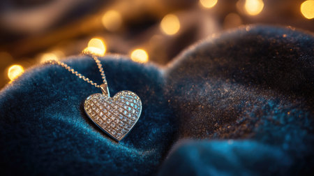 A heart-shaped pendant necklace placed on a velvet surface, with soft lighting to highlight the sparkling details.の素材