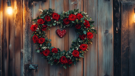 A heart-shaped wreath made of red roses and greenery hanging on a rustic wooden door with soft lighting.の素材