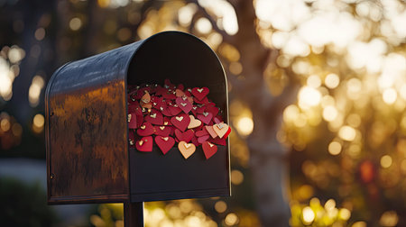 A mailbox overflowing with Valentine's Day cards and small red envelopes, set against a sunny outdoor backdrop.の素材
