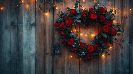 A heart-shaped wreath made of red roses and greenery hanging on a rustic wooden door with soft lighting.の素材