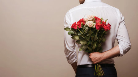 A man holding a bouquet of Valentine's Day flowers behind his back, preparing to surprise his partner.の素材