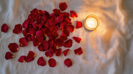 A heart-shaped arrangement of red rose petals scattered on a white linen background, with soft candlelight glowing nearby.の素材
