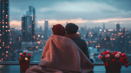 A pair wrapped in a blanket, sitting on a balcony with a stunning city view and Valentine's Day flowers beside them.の素材