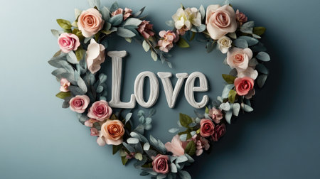 A heart-shaped wreath made of flowers, leaves, and ribbons, with hand-lettered Love in the center, perfect for Valentine's Day dcor.の素材