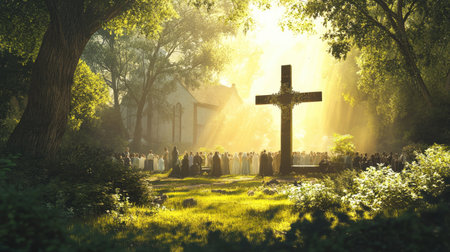 A peaceful Easter Sunday morning service held outdoors in a church garden, with a small congregation gathered around a cross, and soft sunlight illuminating the scene.の素材