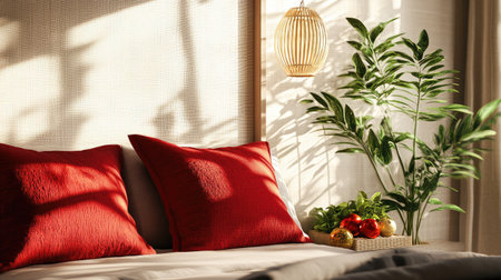 A peaceful feng shui-inspired bedroom with Chinese New Year decorations, including a pair of red pillows, gold ornaments, and a jade plant for balance and harmony.の素材