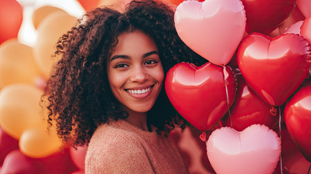 A person holding a bouquet of heart-shaped balloons with a joyful smile, in front of a festive Valentine's Day backdrop.の素材