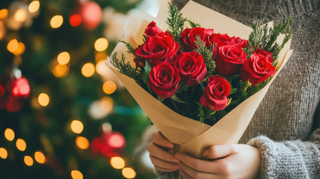 A person presenting a beautiful rose bouquet gift, wrapped in elegant paper, with a soft-focus background of festive decorations.の素材