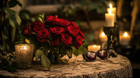 A red rose bouquet placed on a vintage table with a delicate lace tablecloth, surrounded by romantic accessories and candles.の素材