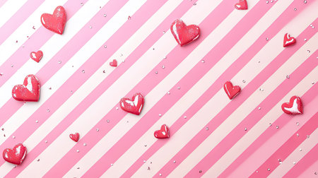 A pink and white striped background with a scattering of small heart-shaped designs, perfect for romantic Valentine's Day promotions.の素材