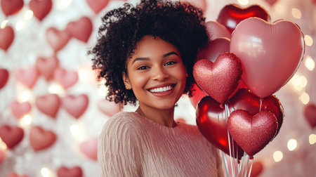 A person holding a bouquet of heart-shaped balloons with a joyful smile, in front of a festive Valentine's Day backdrop.の素材