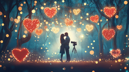 A photographer capturing a couple's romantic kiss under a canopy of twinkling lights, with heart-shaped decorations nearby.の素材