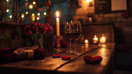 A romantic candlelit dinner setup with red roses, wine glasses, and heart-shaped decor on a wooden table. Dim lighting creates a cozy atmosphere.の素材