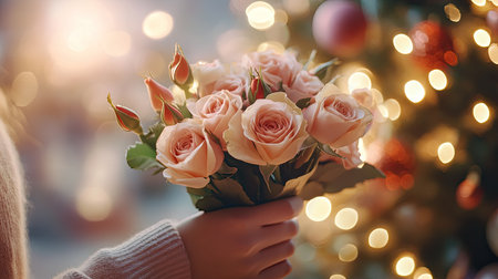 A person receiving a beautiful rose bouquet gift, with a blurred background of soft pastel hues and festive decorations.の素材