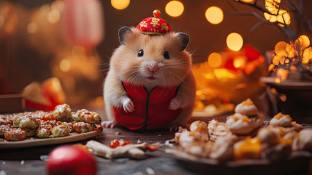 A pet hamster in a tiny Chinese New Year costume, including a red vest and a tiny hat, surrounded by traditional decorations and snacks.の素材