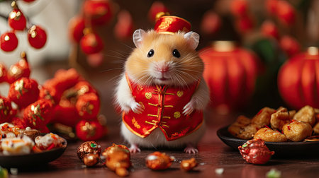 A pet hamster in a tiny Chinese New Year costume, including a red vest and a tiny hat, surrounded by traditional decorations and snacks.の素材
