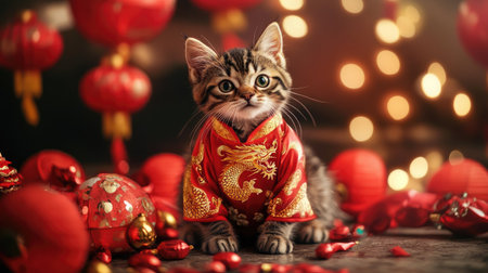 A playful cat wearing a Chinese New Year-themed costume with a golden dragon pattern, sitting by red lanterns and festive ornaments.の素材