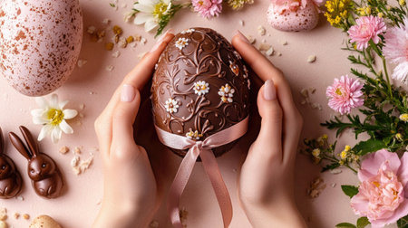 A person gifting a beautifully wrapped chocolate Easter egg, with a ribbon, surrounded by seasonal decorations like flowers and bunny figurines.の素材