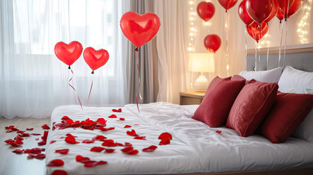 A romantic bedroom setup with red and white linens, heart-shaped balloons, and rose petals on the bed.の素材