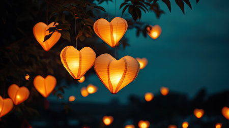 A romantic outdoor setting with heart-shaped paper lanterns floating in the sky, illuminating the night.の素材