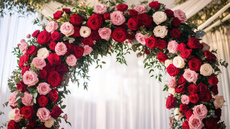 A romantic Valentine's Day wedding ceremony with a couple exchanging vows under a floral arch adorned with red and pink roses.の素材