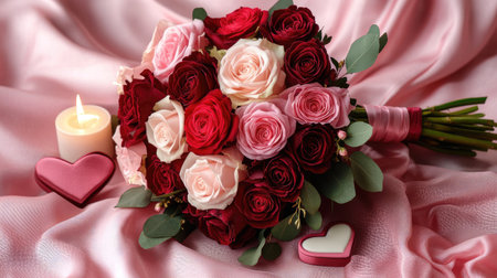 A romantic Valentine's rose bouquet with red and pink roses wrapped in satin ribbon, placed on a soft pink fabric with candles and heart-shaped decorations.の素材