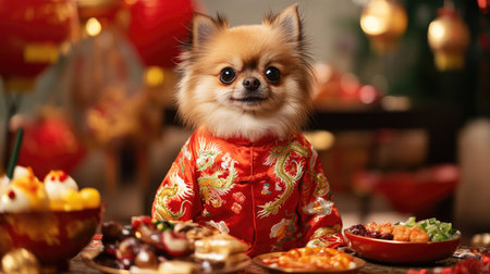 A small pet wearing a Chinese New Year-themed jacket with dragon embroidery, sitting by a decorated table filled with traditional foods and treats.の素材