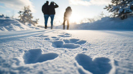 A photographer capturing a couple enjoying a scenic Valentine's Day walk through the snow with heart-shaped footprints in the foreground.の素材