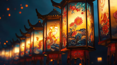 A row of glowing artisanal Chinese New Year lanterns, intricately hand-painted with zodiac animals and floral patterns, hanging against a dark evening sky.の素材