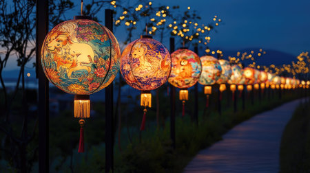 A row of glowing artisanal Chinese New Year lanterns, intricately hand-painted with zodiac animals and floral patterns, hanging against a dark evening sky.の素材