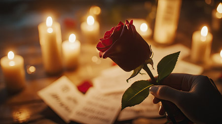A romantic scene of a rose bouquet gift being handed to someone, with a soft-focus background of love letters and candles.の素材