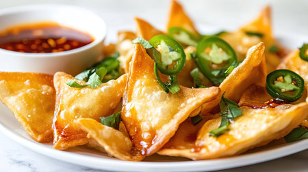 A plate of crispy wonton nachos topped with cheese, jalapeos, and sweet chili sauce for a Chinese New Year party snack.の素材